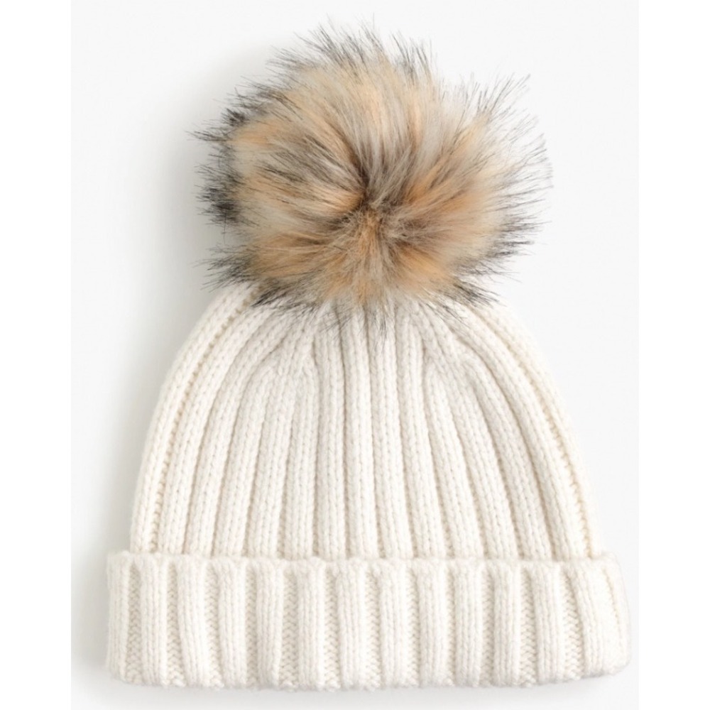 J.Crew Women Ivory Ribbed Knit Faux Fur Pom-Pom Beanie Hat Cream Accessory